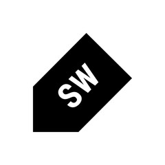 Black tag with the white letters sw diagonally placed on it in a simple and modern graphic design style