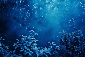 Fototapeta premium A captivating image of a blue forest with fog and sunlight filtering through the trees, A mysterious and captivating blue background