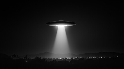 A UFO hovers over a city at night, emitting a bright light.