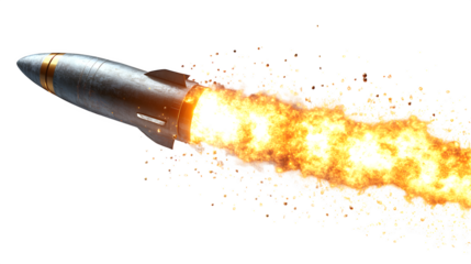 A rocket flying upward with fire thrust visible, dynamic movement, isolated on white background