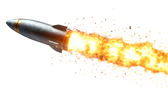 A rocket flying upward with fire thrust visible, dynamic movement, isolated on white background