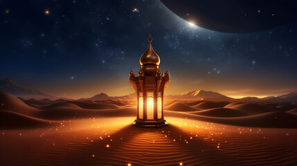 A golden, ornate lantern with a golden dome stands in the desert, casting a warm glow on the sand and stars in the night sky.