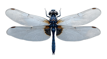 Close-up of a dragonfly from top view, detailed wings and body, isolated on white background