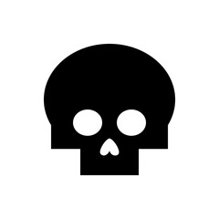 A simple black skull with round eyes and a heart shaped nose on a white background in a minimalist style