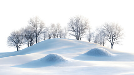 A snow-covered hill with a few small snow mounds, winter landscape style, isolated on white background