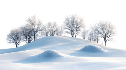 A snow-covered hill with a few small snow mounds, winter landscape style, isolated on white background