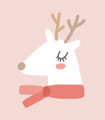 Cute Winter Holidays Vector Illustration with Funny White Reindeer. Hand Drawn Deer with Gold Antlers and Red Scarf Isolated on a Pastel Pink Background. Infantile Style Christmas Card. © Magdalena