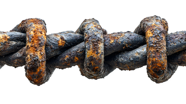 Close-up of rusty barbed wire in a twisted pattern, isolated on white background
