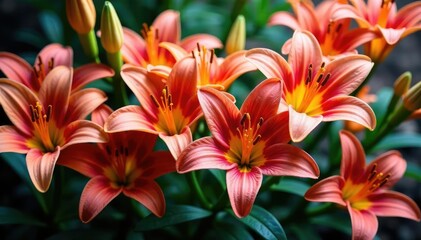 Bold, stylized lilies in vibrant hues, densely packed, bloom, repeat