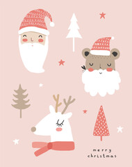 Cute Winter Holidays Vector Card with Funny White Reindeer, Santa, Bear, Stars and Christmas Trees. Hand Drawn Deer and Santa Claus Isolated on a Pastel Pink Background. 