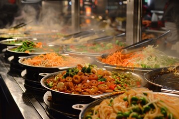 Obraz premium A close-up view of various steaming hot dishes at a food market, Rows of steaming hot dishes