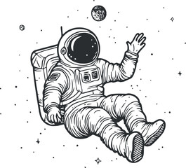 Black and white illustration of an astronaut floating in outer space waving hand with planets and stars in background