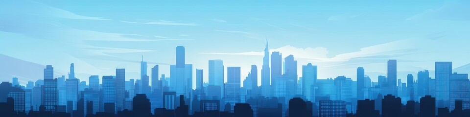 Fototapeta premium Blue Business Banner with City Landscape and Skyscraper Silhouette for Successful Trade Promotions