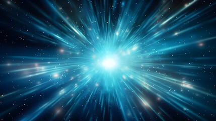 Fototapeta premium A blue and white starburst with a bright central point emitting light and rays extending outward.
