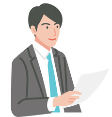 若いビジネスマンが笑顔で書類をチェック