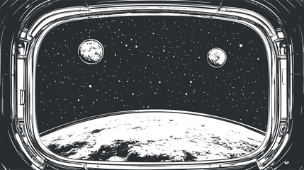 Black and white illustration of outer space view from spacecraft window showing planets earth and stars © vadymstock