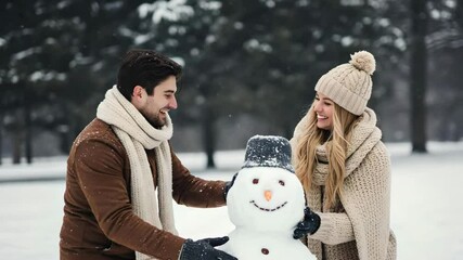 A couple building a snowman together - Powered by Adobe