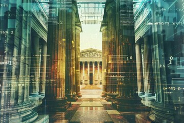 A digital overlay of code and data on a classical building representing the impact of fintech on traditional banking, Interpreting the impact of fintech on traditional banking systems through art