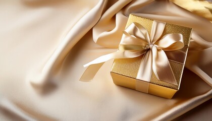 Glittering Gold Gift Box with Champagne Satin Ribbon on Fabric Background. Top View of Wedding Gifts with Copy Space