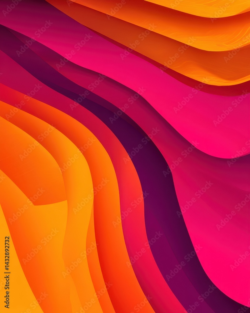 Poster abstract vibrant layers of orange pink and purple creating a dynamic flow with gentle curves and gra