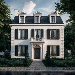 Obraz premium classic European style house facade design, the house is two stories high with white walls and black windows, 3D rendering