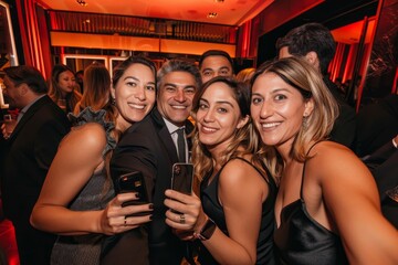 A group of friends pose for a selfie during a glamorous evening event, Stylishly dressed attendees posing for selfies and group photos