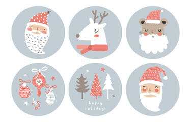 Cute Winter Holidays Vector Tags with Funny White Reindeer, Santa Claus and Baubles, Christmas Trees Isolated on a Light Blue Background. Childish Style Hand Drawn Christmas Stickers.