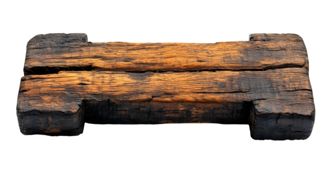 Aged wooden cross structure, symbolic and isolated on white background