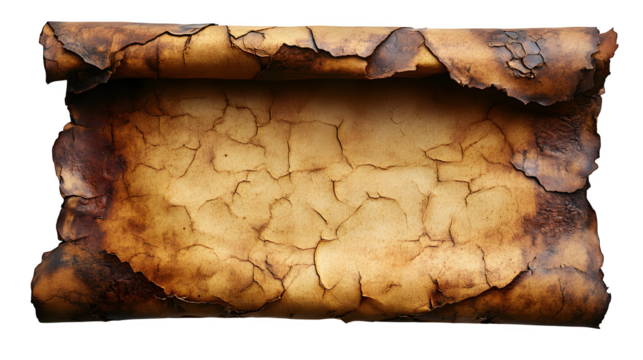 Aged parchment paper with torn edges and yellowed tone, ideal for vintage themes, isolated on white background