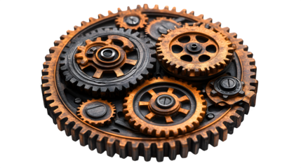 Cogwheels and gears interlocking in a complex mechanism symbolizing teamwork, isolated on white background