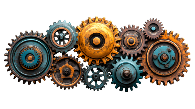 Cogwheels and gears interlocking in a complex mechanism symbolizing teamwork, isolated on white background