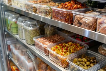 Fototapeta premium A well-stocked refrigerator with various food items neatly stored in clear plastic containers, Labeling and storing food items appropriately to prevent spoilage