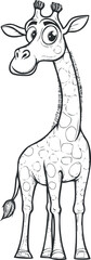 Naklejka premium Black and white cartoon illustration of a cute giraffe with big eyes and long neck in a playful style.