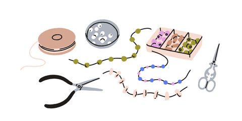 Bead jewelry, beadwork, handmade handcraft. Needlecraft tools, DIY craft accessories. Creative work, hobby, handwork, jewellery handicraft. Flat vector illustration isolated on white background