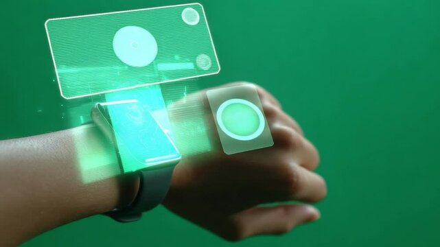 Visionary Wrist: This futuristic depiction shows a hand wearing a high-tech watch with augmented reality interface projecting digital data, symbolizing the forefront of technological innovation. 
