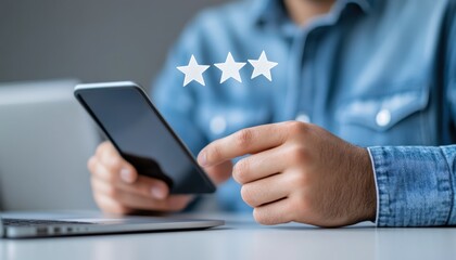 Person rating online service on smartphone
