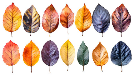 Obraz premium Collection of autumn leaves in orange and yellow tones with dry details isolated on white background
