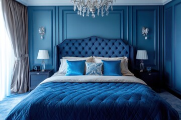 Blue Interior Design. Stylish Bedroom with Trendy Blue Decor, Chandelier and Comfortable Bed