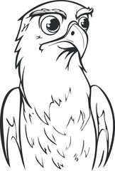 Black and white outline illustration of a majestic eagle bird with sharp beak and wings shown in profile.
