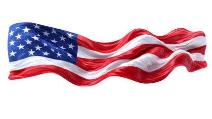 American flag with flowing motion and symbolic red, white, and blue pattern isolated on white background