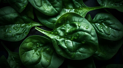 Fototapeta premium A close-up of a green leafy vegetable with water droplets on it, against a dark background.