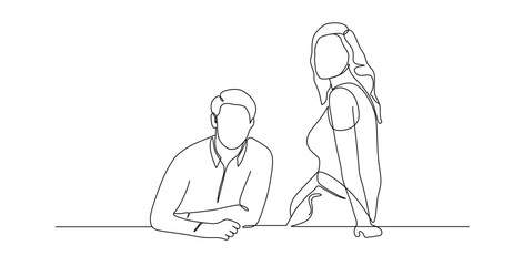 continuous line drawing of man and woman office workers. discuss work. vector illustration
