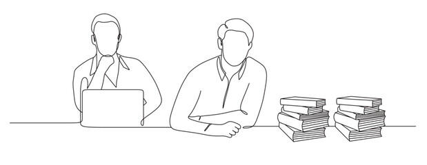 continuous line drawing of man  office workers with lapton and book. discuss work. vector illustration