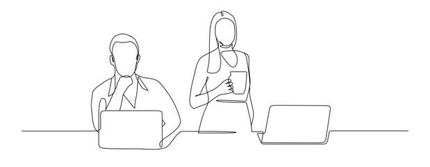 continuous line drawing of man and woman office workers. discuss work. vector illustration