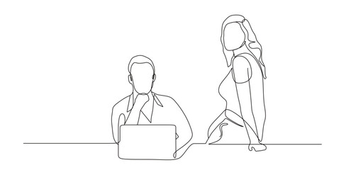continuous line drawing of man and woman office workers. discuss work. vector illustration