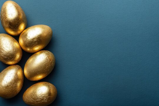 Elegant golden easter eggs on dark blue background creating a festive mood with a top down angle and a modern style perfect for holiday themes