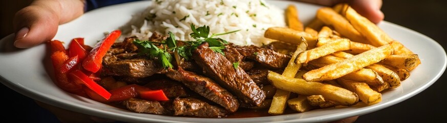 Delicious steak, rice, fries, and peppers.