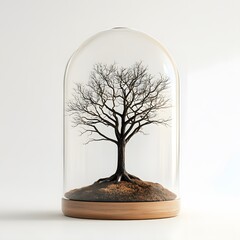 Leafless oak tree in a glass jar, on a white background