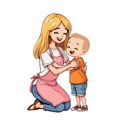 Vsai babysitter kneeling and hugging a happy child