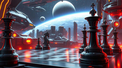 Futuristic sci-fi chessboard scene integrating advanced technology and space elements.jpg